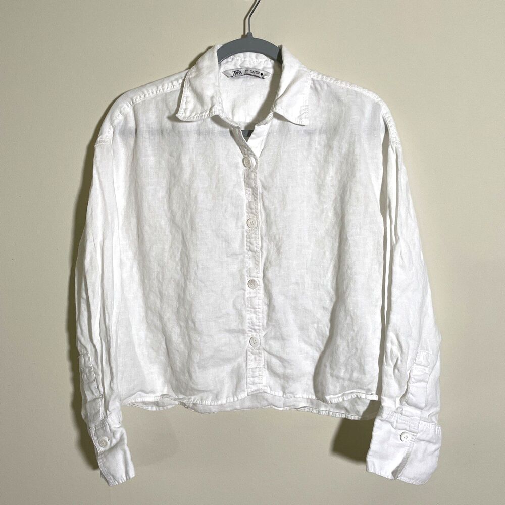 Zara Women's Button Up Shirt White Linen Cropped Relaxed Fit Coastal Sz Medium